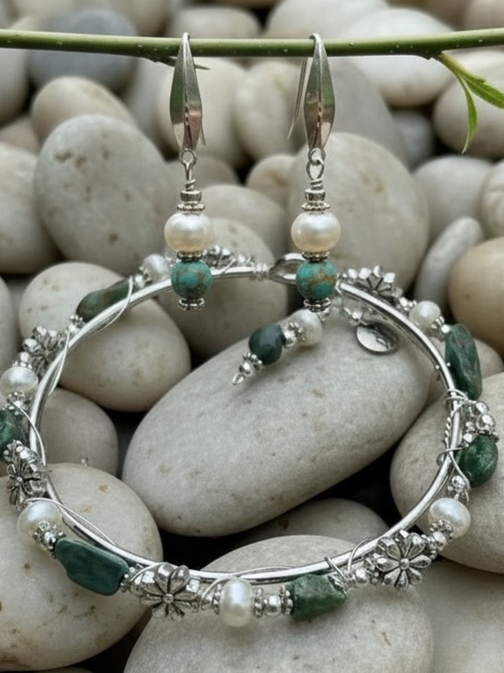 African Turquoise & Pearl Bangle Bracelet